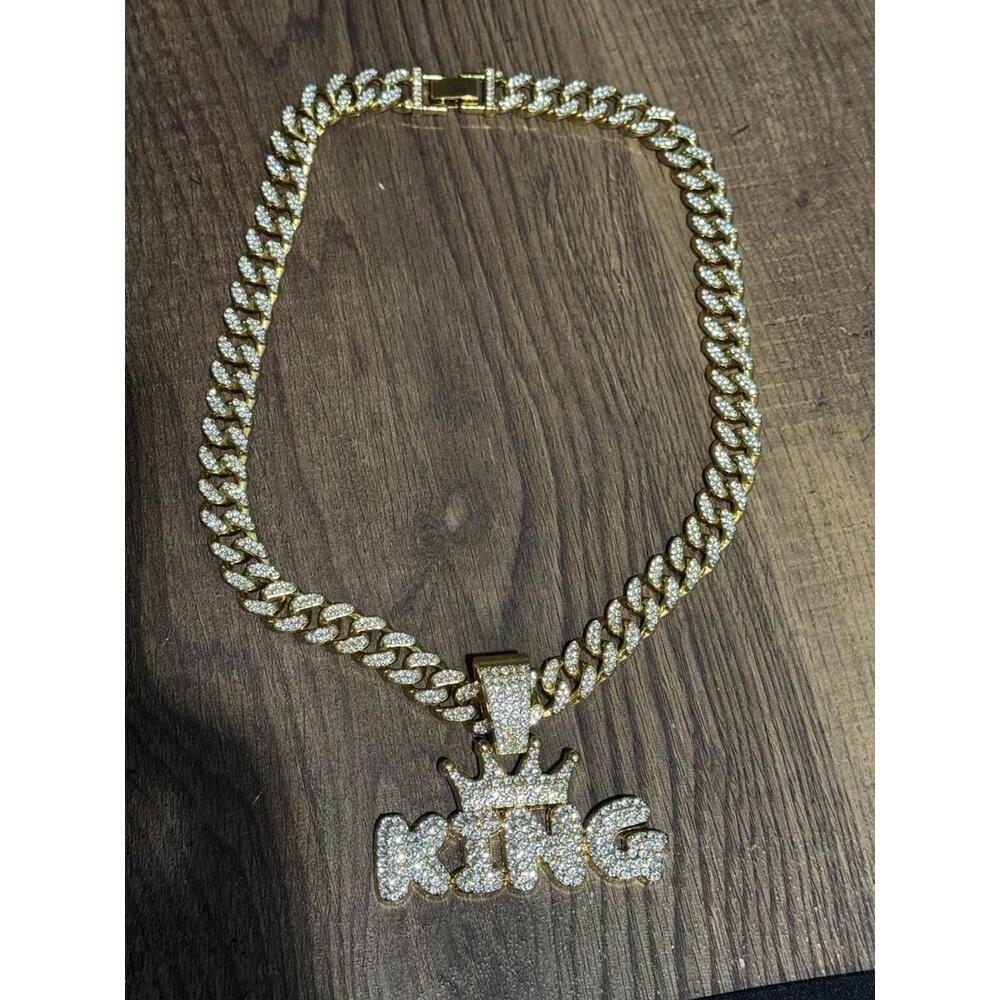 Crytal Crown King Pendant Charm Necklace Gold Color 20 Inch Cuban Cubic Zirconia